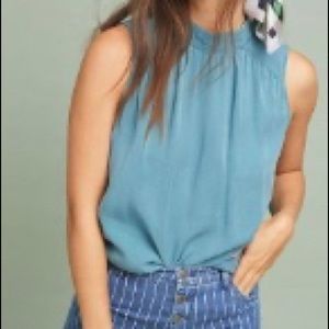 Cloth and Stone Teal Sleeveless Blouse with high collar